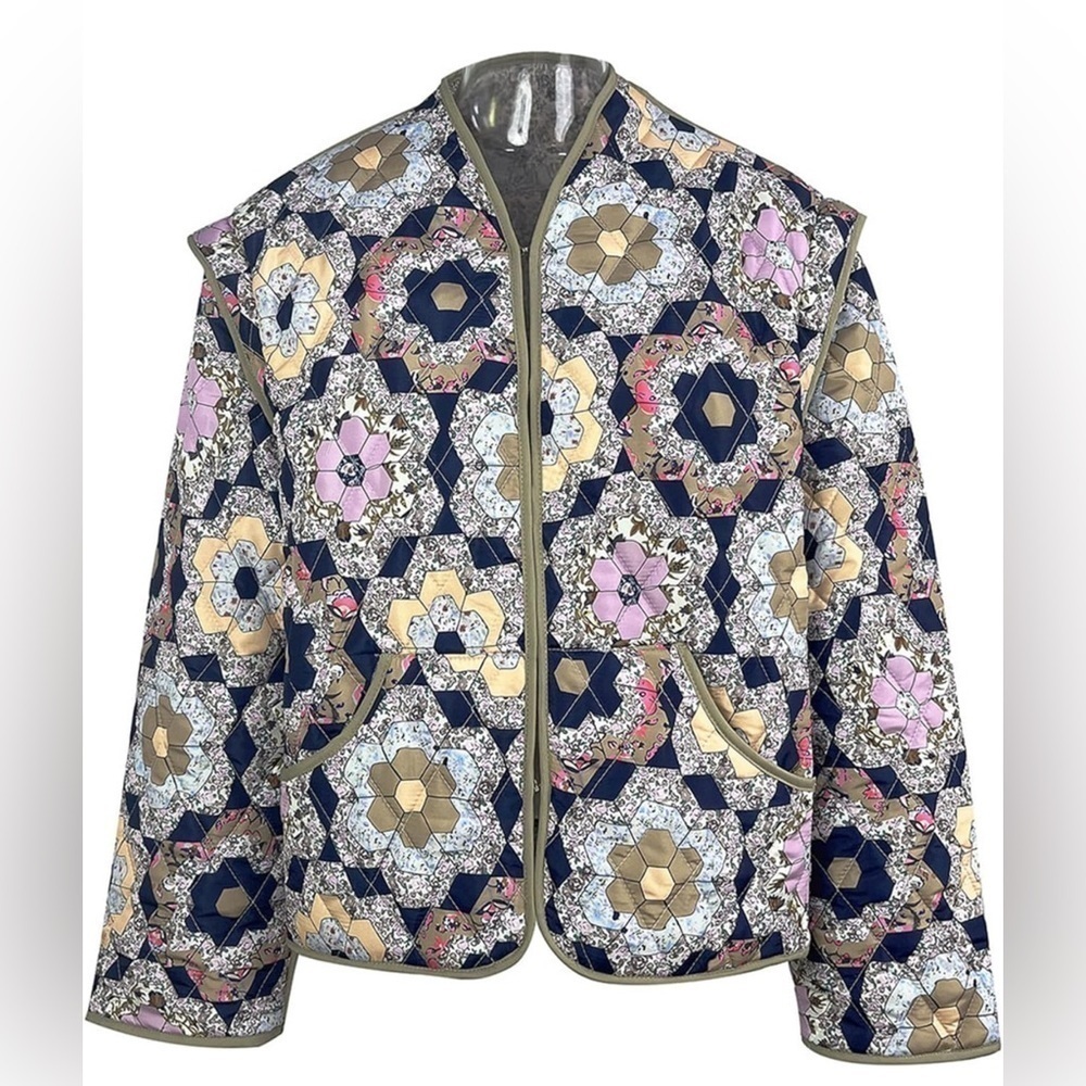 Cropped Puffer Quilted Jacket Vintage Floral Print Open Front Lightweight - Picture 2 of 9